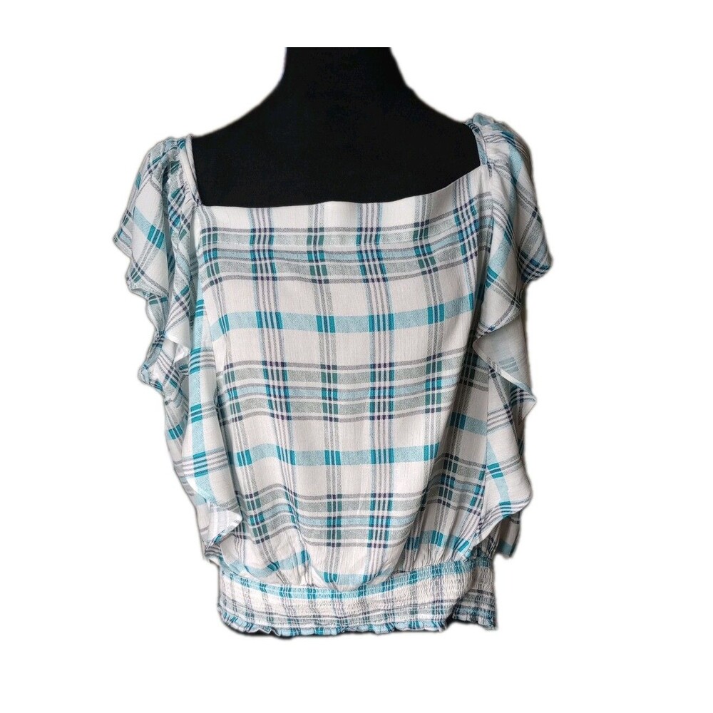 A.N.A. Naples Strp. Women's XXLT White Blue Plaid Ruffle Blouse, NWT
